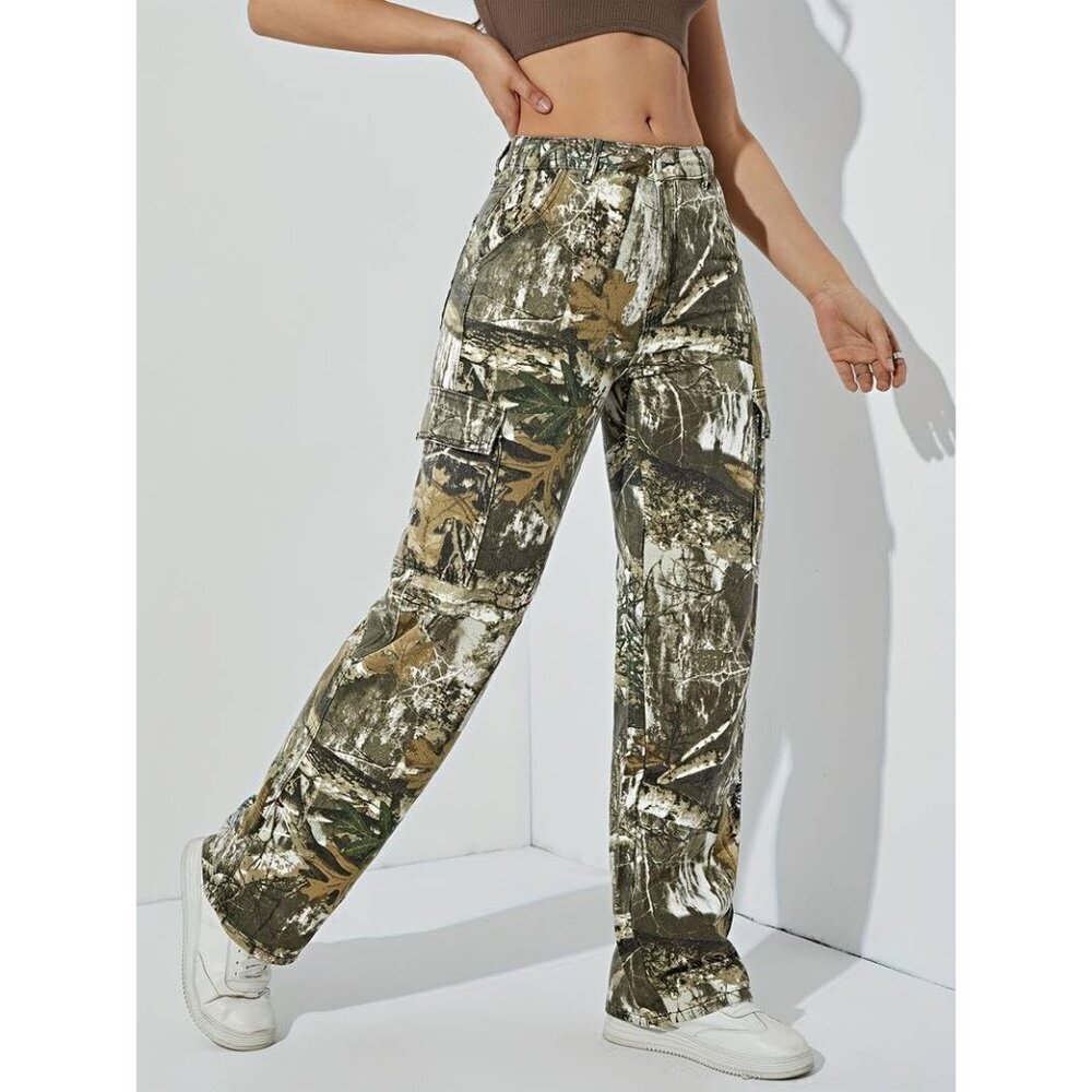 Women Camouflage Cargo Pants Cotton Polyester High Rise Wide Leg Trousers - Picture 5 of 7